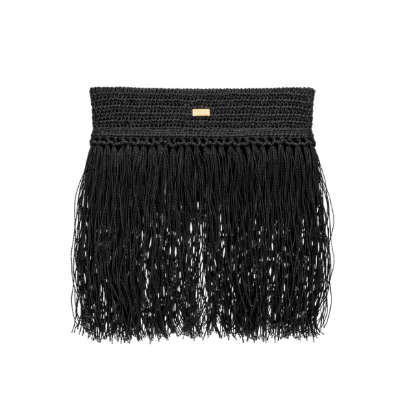 Raffia Foldover Clutch with Tassel - Black