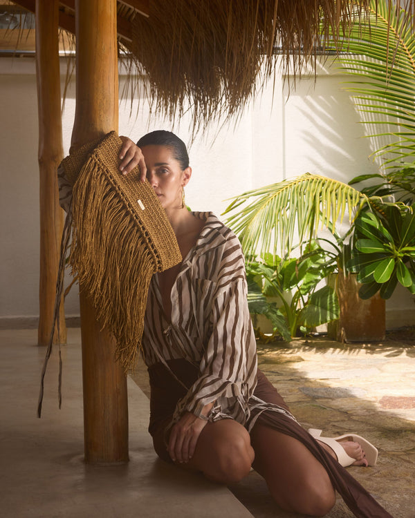 Raffia Foldover Clutch with Tassel - Natural