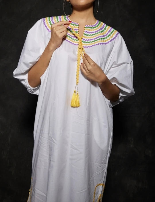 WHITE CASABLANCA DRESS- GREEN\YELLOW