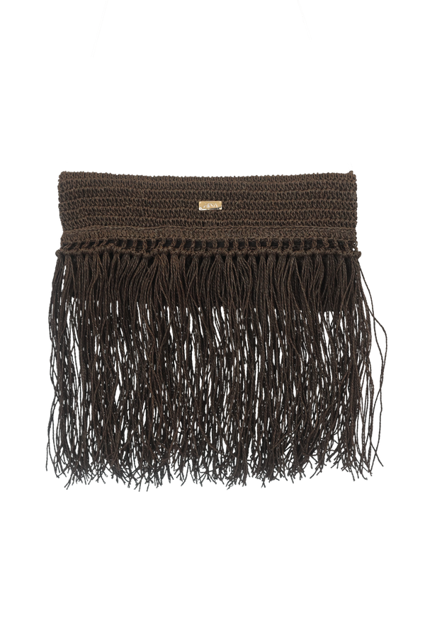 Raffia Foldover Clutch with Tassel - Coffee Brown