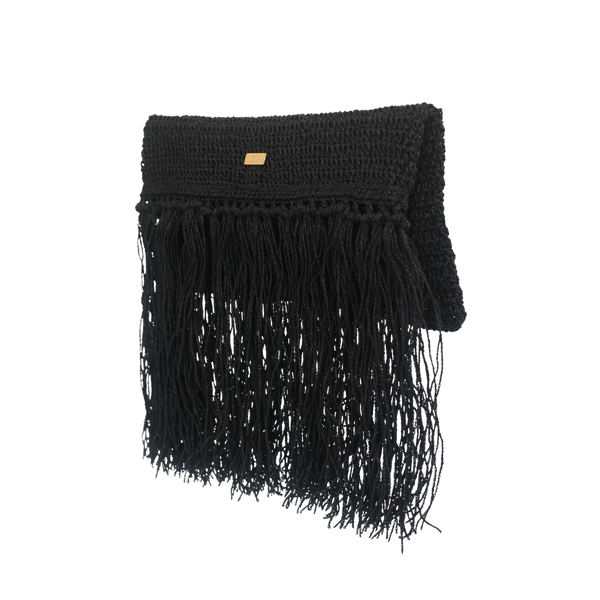 Raffia Foldover Clutch with Tassel - Black