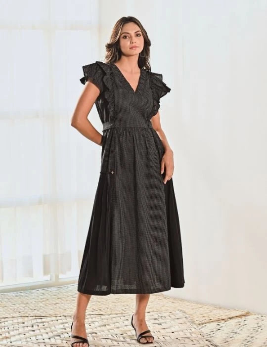 Black Cotton V neck Long Dress with Belt