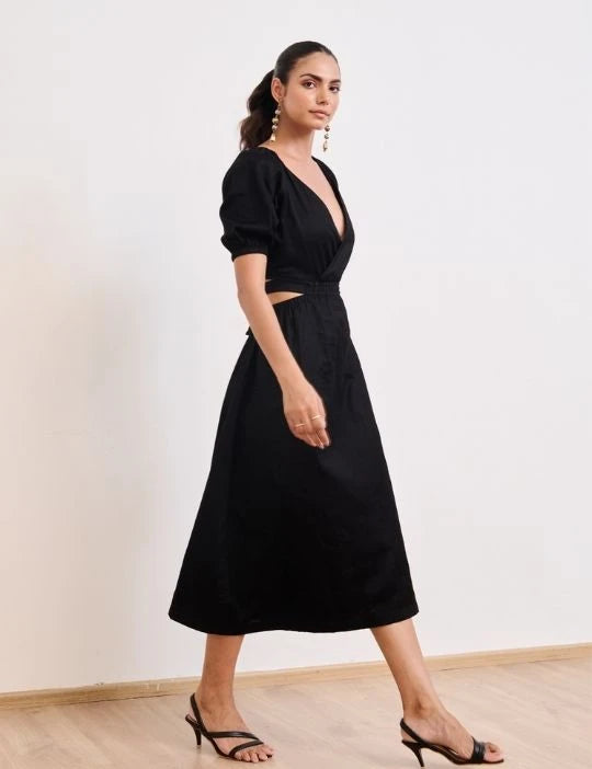 Black Cotton Satin Deep-V Bareback Party Dress