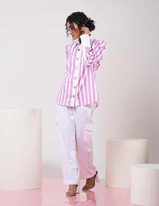 Striped Mauve & White Shirt with White Pant
