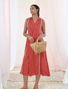 Red Printed Cotton Sleeveless Wrap Dress