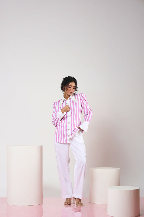 Striped Mauve & White Shirt with White Pant