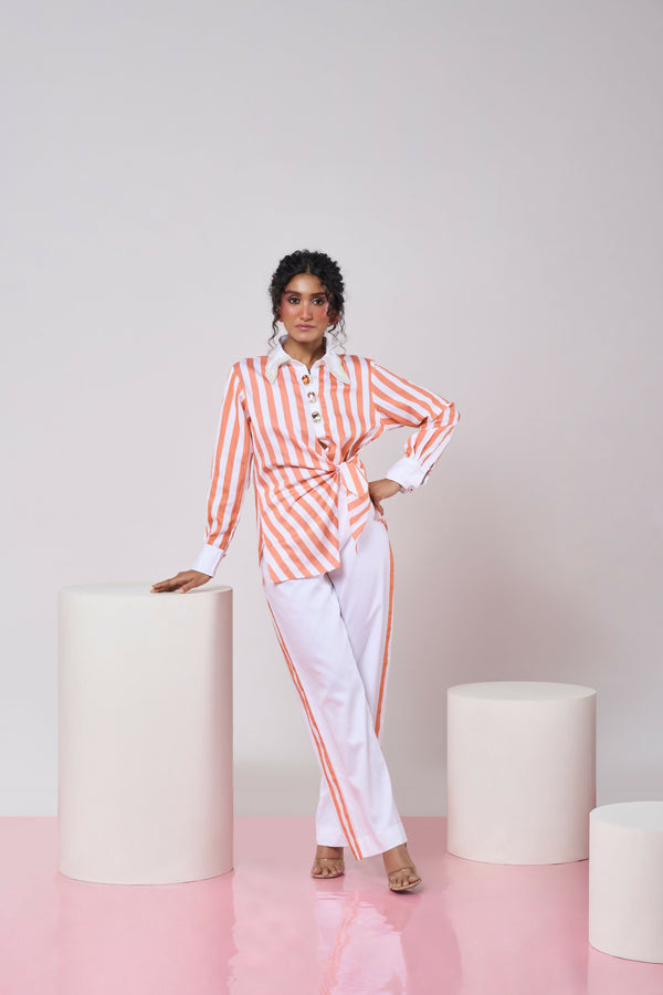 Striped Coral & White top with White Pant