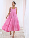 Pink Cotton Voile Flared Maxi Dress