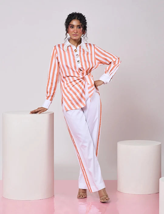 Striped Coral & White top with White Pant