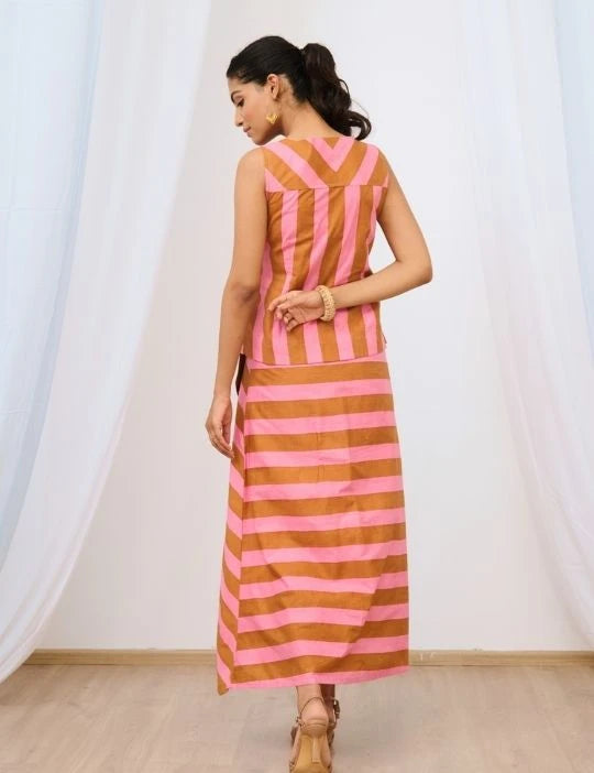 Pale Pink Striped Printed Asymmetric Skirt Set