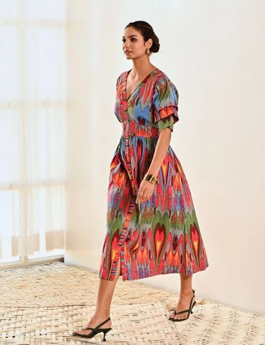 Red Ikat Print Cotton A line Long Dress