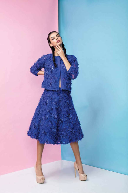 The Navy 3D Floral Midi Skirt - Navy Blue