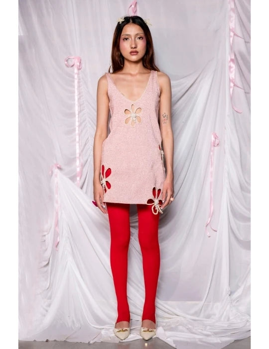 I'M TOO GIRLY- SHIMMERY KNIT CUTOUT DRESS WITH PEARLS