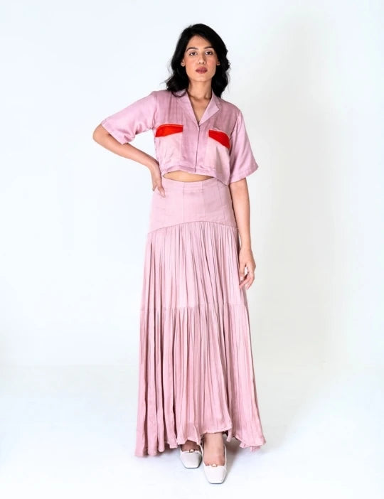 Pink-Orange Color-Blocked Maxi Skirt Set