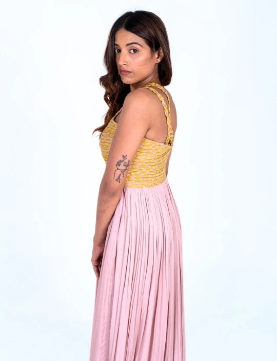 Pink-Yellow Braided Bustier Gather Gown