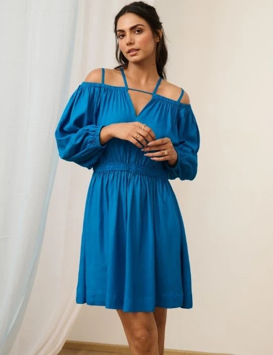 Cobalt Blue Short Cold Shoulder Dress