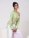 Striped Green & White Off-shoulder Top with White Pant