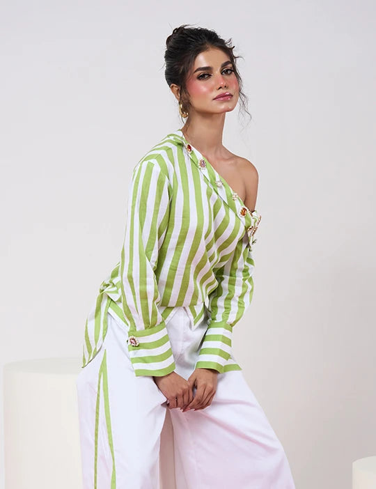 Striped Green & White Off-shoulder Top with White Pant
