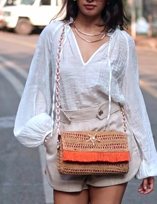 Brown Slim Real Raffia Clutch