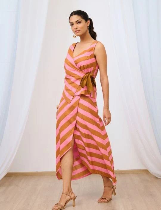 Pale Pink Striped Printed Asymmetric Skirt Set