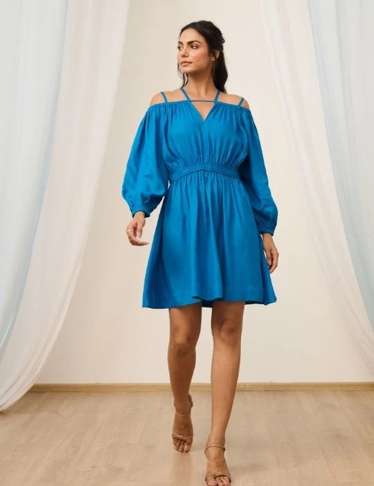 Cobalt Blue Short Cold Shoulder Dress