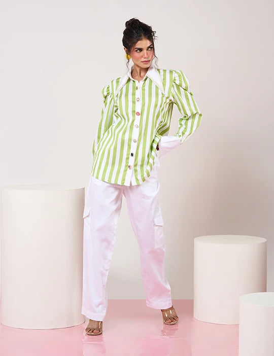 Green & White Striped Shirt with White Pant