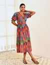 Red Ikat Print Cotton A line Long Dress