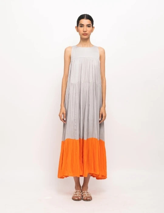 Grey-Orange Halter Neck Dress