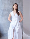 Logus White Linen Double Breasted Pleated Wrap Dress