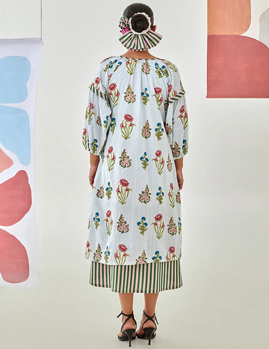 Aqua floral printed double layered dress
