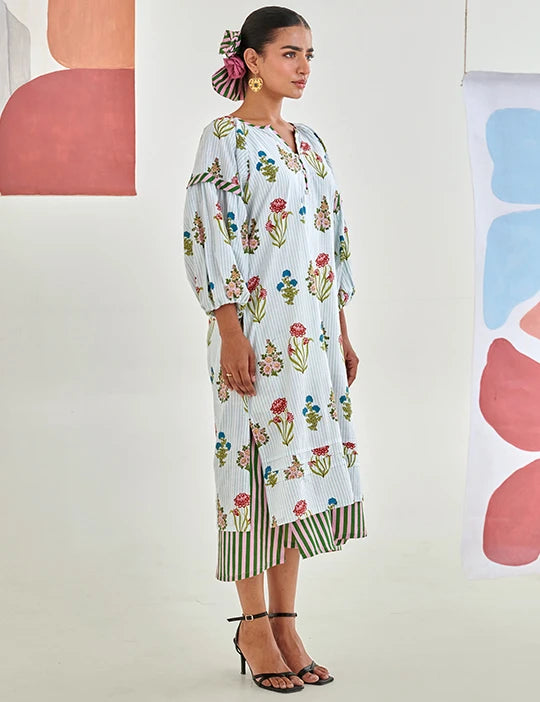 Aqua floral printed double layered dress