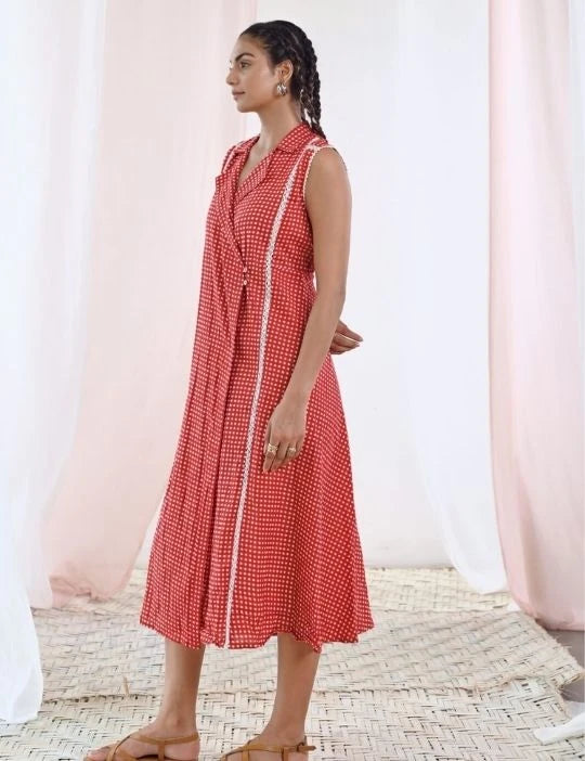 Red Printed Cotton Sleeveless Wrap Dress
