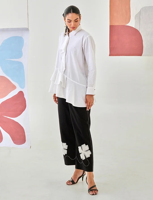 White Asymmetric Shirt & Black Pants Co-ord Set