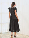Black Cotton V neck Long Dress with Belt