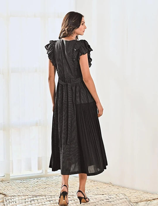 Black Cotton V neck Long Dress with Belt