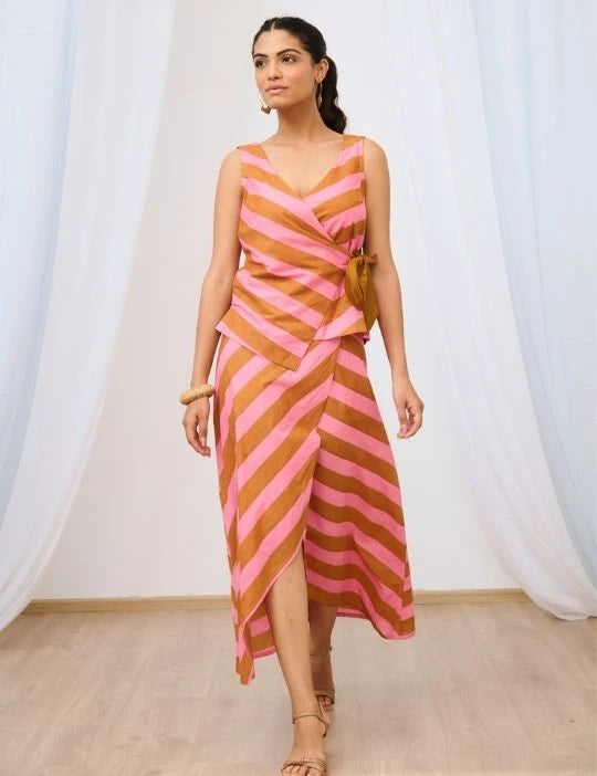 Pale Pink Striped Printed Asymmetric Skirt Set