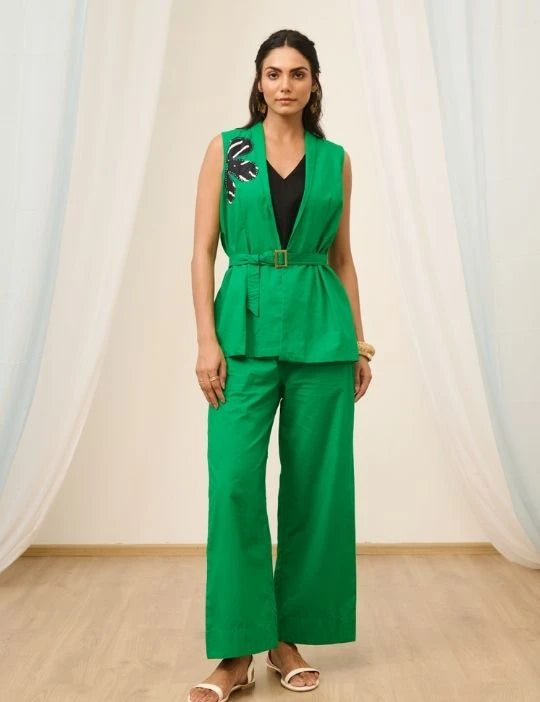 Green Cotton Sleeveless Embroidered Jacket Set