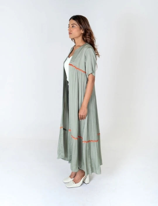 Green-Orange Braided Gather Long Cape
