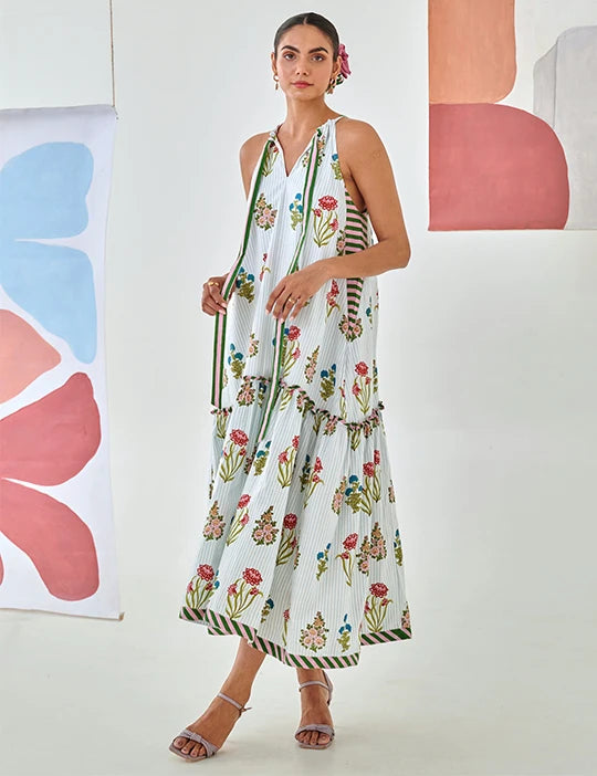 Aqua floral printed tie up maxi