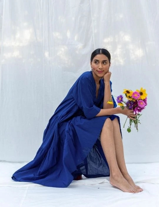 Deep Blue Flared Long Cotton Maxi Dress