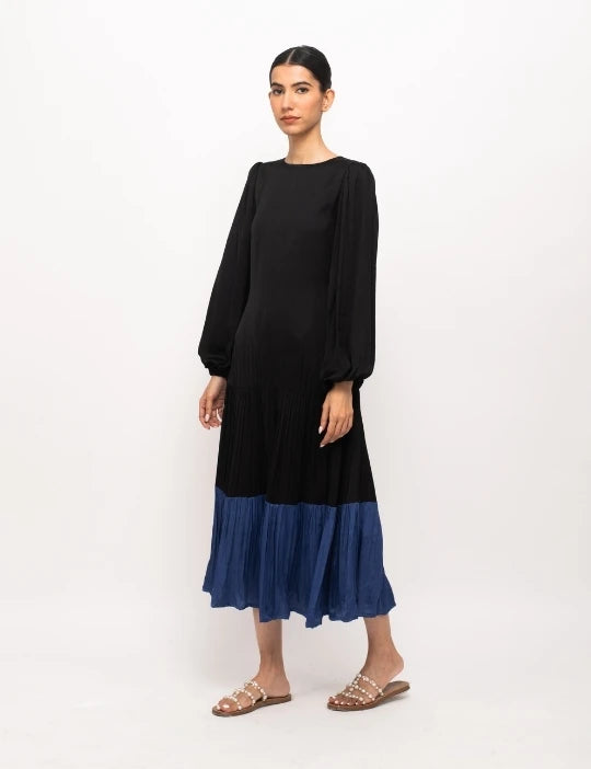 Black-Blue Gather Maxi Dress