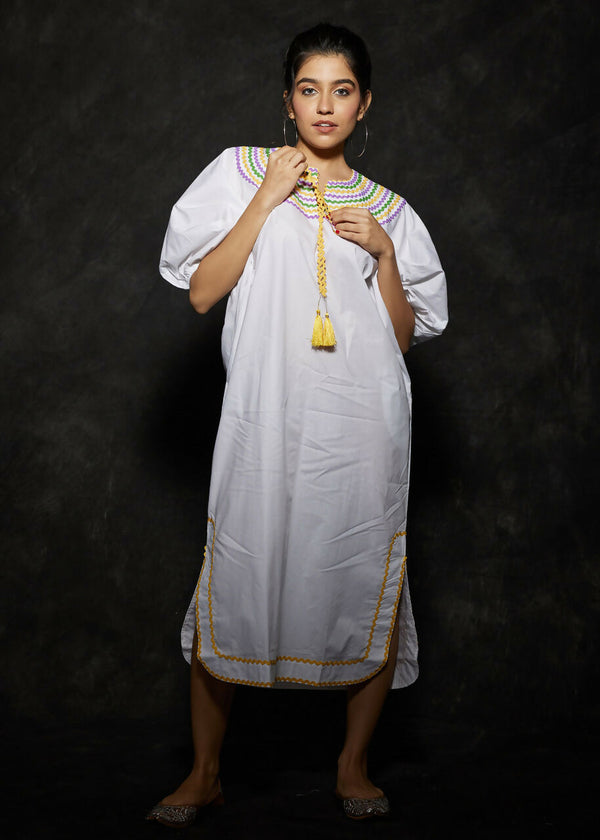 WHITE CASABLANCA DRESS- GREEN\YELLOW