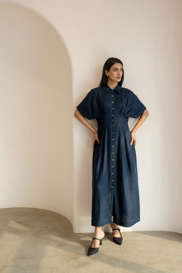 Blue Organic Cotton Structured Dress