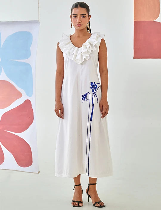 White Ruffle Embroidered Dress