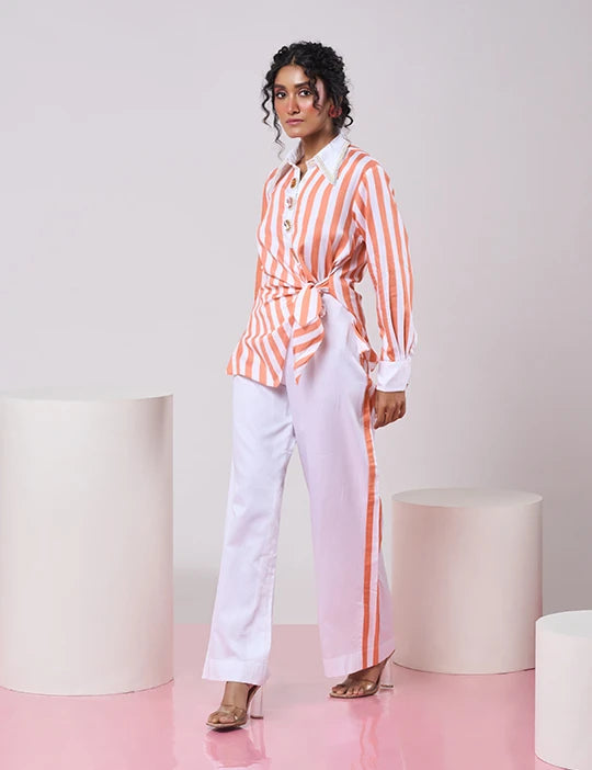 Striped Coral & White top with White Pant