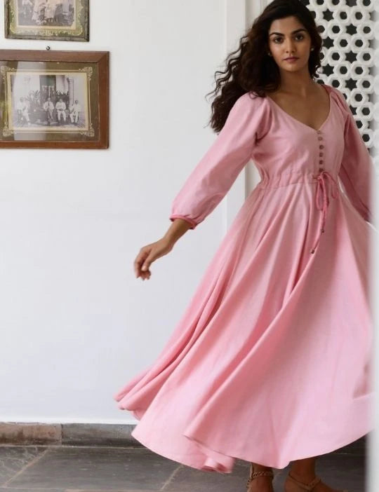 Pink Flared Long Cotton Maxi Dress