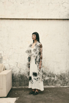 ATBW AN Floral Slip Dress Set in off-white with black floral motifs and sheer floral cape