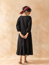 Midnight : Black Cotton Midi Dress for Women with Embroidered Floral Details