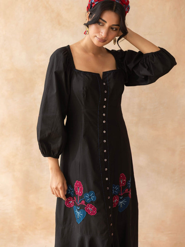 Midnight : Black Cotton Midi Dress for Women with Embroidered Floral Details