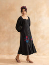 Midnight : Black Cotton Midi Dress for Women with Embroidered Floral Details